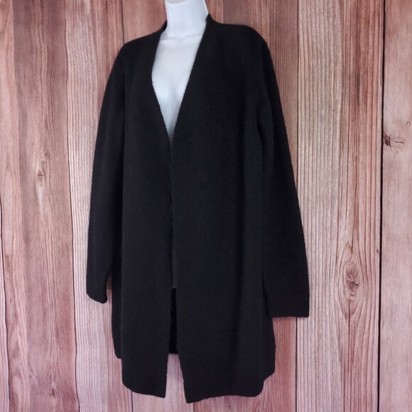 COS Mohair Wool Blend Cardigan Sweater Sz Large Black Open Front Fuzzy Longline - Picture 3 of 14